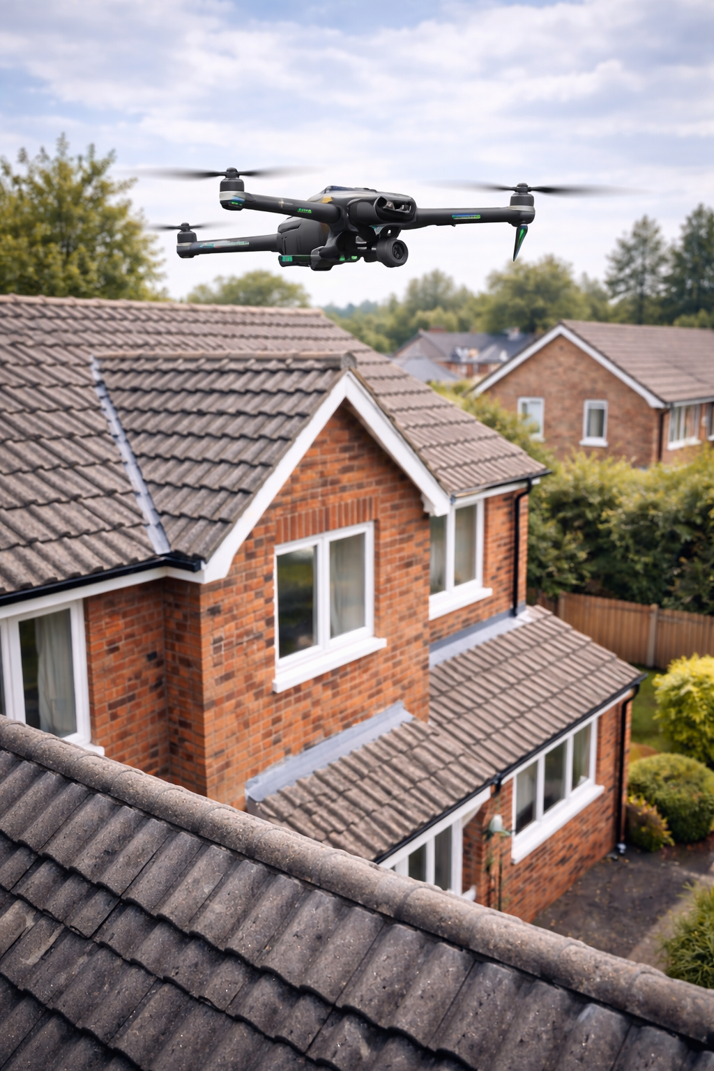 A drone flying over a residential neighborhood with brick houses and tiled roofs carrying out a  roof inspection