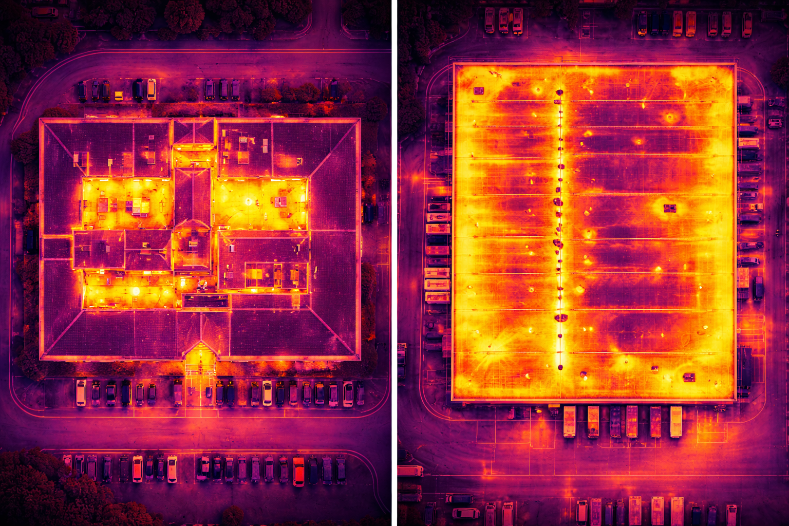 Side-by-side infrared aerial photos of two large buildings: the left building is a house with a complex roof structure and front porch, surrounded by parking and trees; the right building is a large rectangular warehouse with a flat roof, parking lots on two sides, and trucks parked along the sides.
