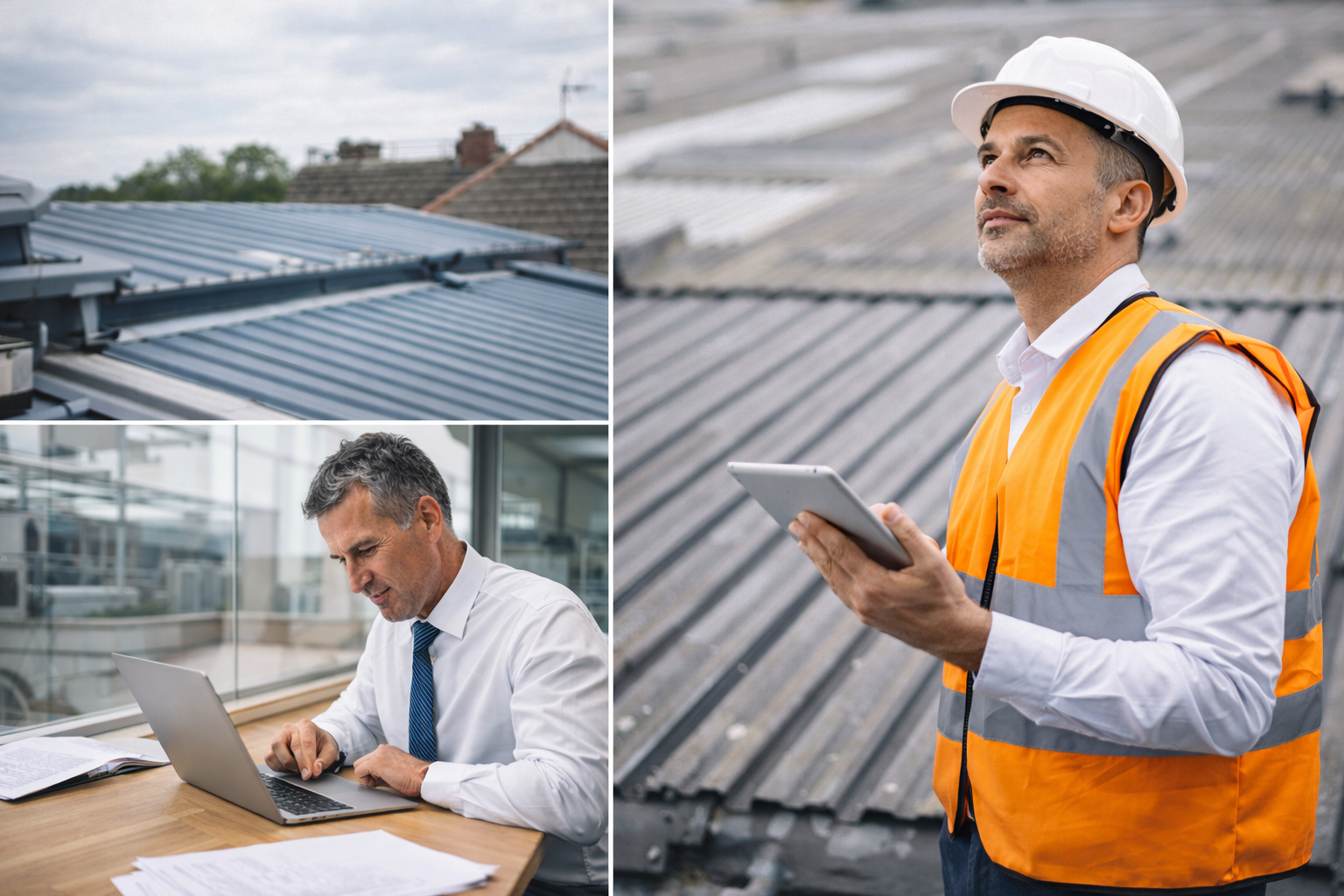 building inspectors carrying our and reviewing a roof report