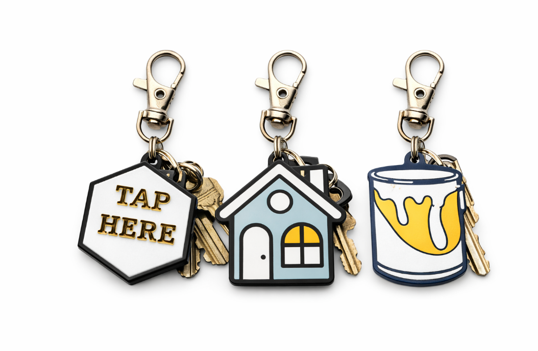 Three keychains with keys and decorative charms: a hexagon with 'TAP HERE' text, a house with windows and a door, and a paint can with yellow paint.