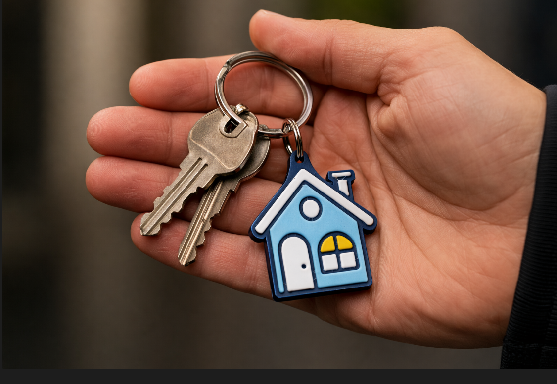 A person's hand holding a keyring with two keys and a house-shaped keychain.