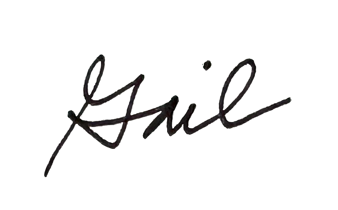 Black script text spelling the word 'Gail' in cursive with a black background.