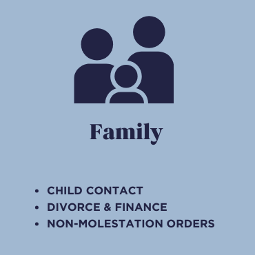 Graphic of a family with three figures and the word 'Family' beneath, listing topics like child contact, divorce and finance, non-molestation orders.