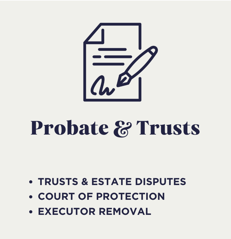 Graphic design for Wills & Probate services, featuring an icon of a document with a signature and pen, and a list of services including trusts & estate disputes, court of protection, and executor removal.