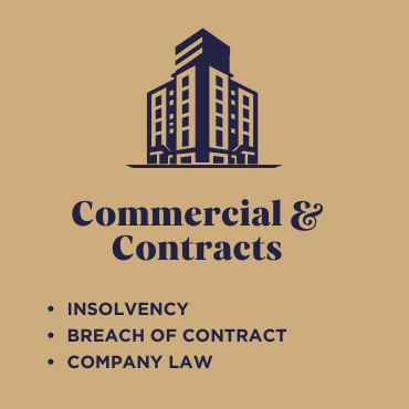 Logo of a tall building with the words 'Commercial & Contracts' and a list of legal services including Insolvency, Breach of Contract, and Company Law.