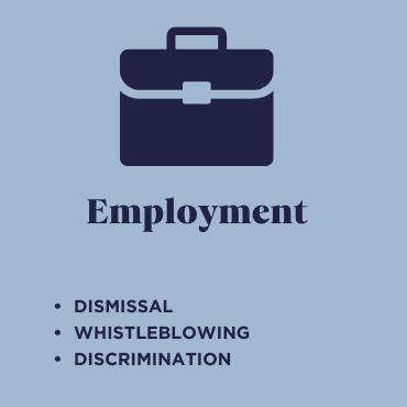 Icon of a briefcase with the word 'Employment' and bullet points listing dismissal, whistleblowing, and discrimination.