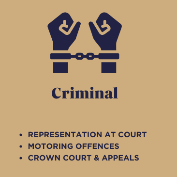 Graphic of handcuffed hands with the word 'Criminal' and a list of legal topics: representation at court, motoring offenses, crown court and appeals.