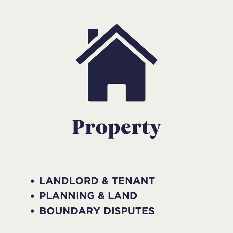 A logo of a house with the words 'Property & Estates' and a list mentioning landlord & tenant, planning & land, and boundary disputes.