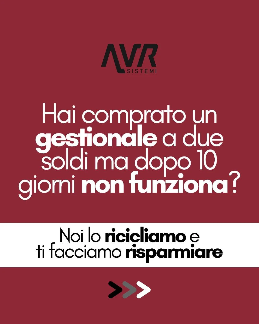 Nulla &egrave; perduto! Se hai acquistato un gestionale che non funziona o non ti soddisfa, contattaci: analizziamo ci&ograve; che hai gi&agrave; e recuperiamo tutto il possibile, ottimizzandolo.

Noi ti diamo la garanzia di una soluzione efficiente,