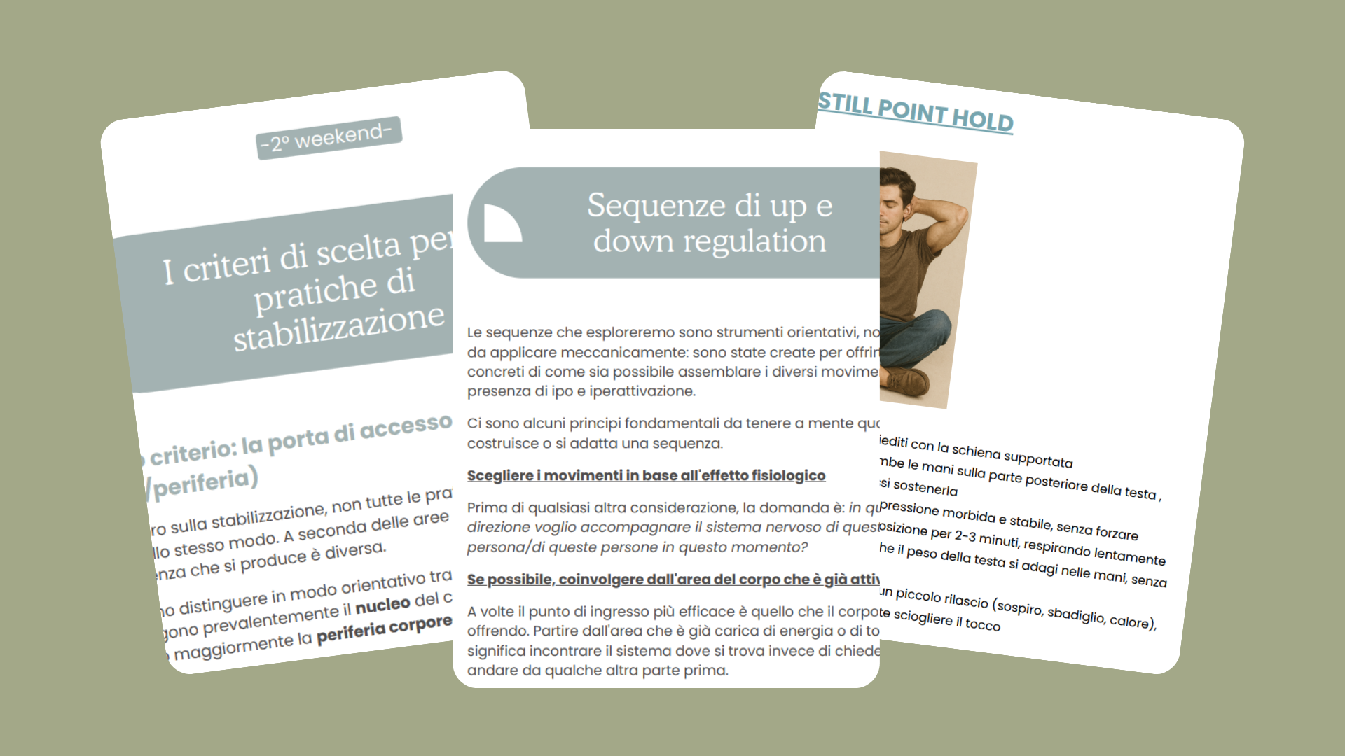 Documento in italiano con titolo e sottotitoli, parzialmente visibile, riguardante sequenze di esercizi e parametri di stabilizzazione del corpo, con immagini e testo.
