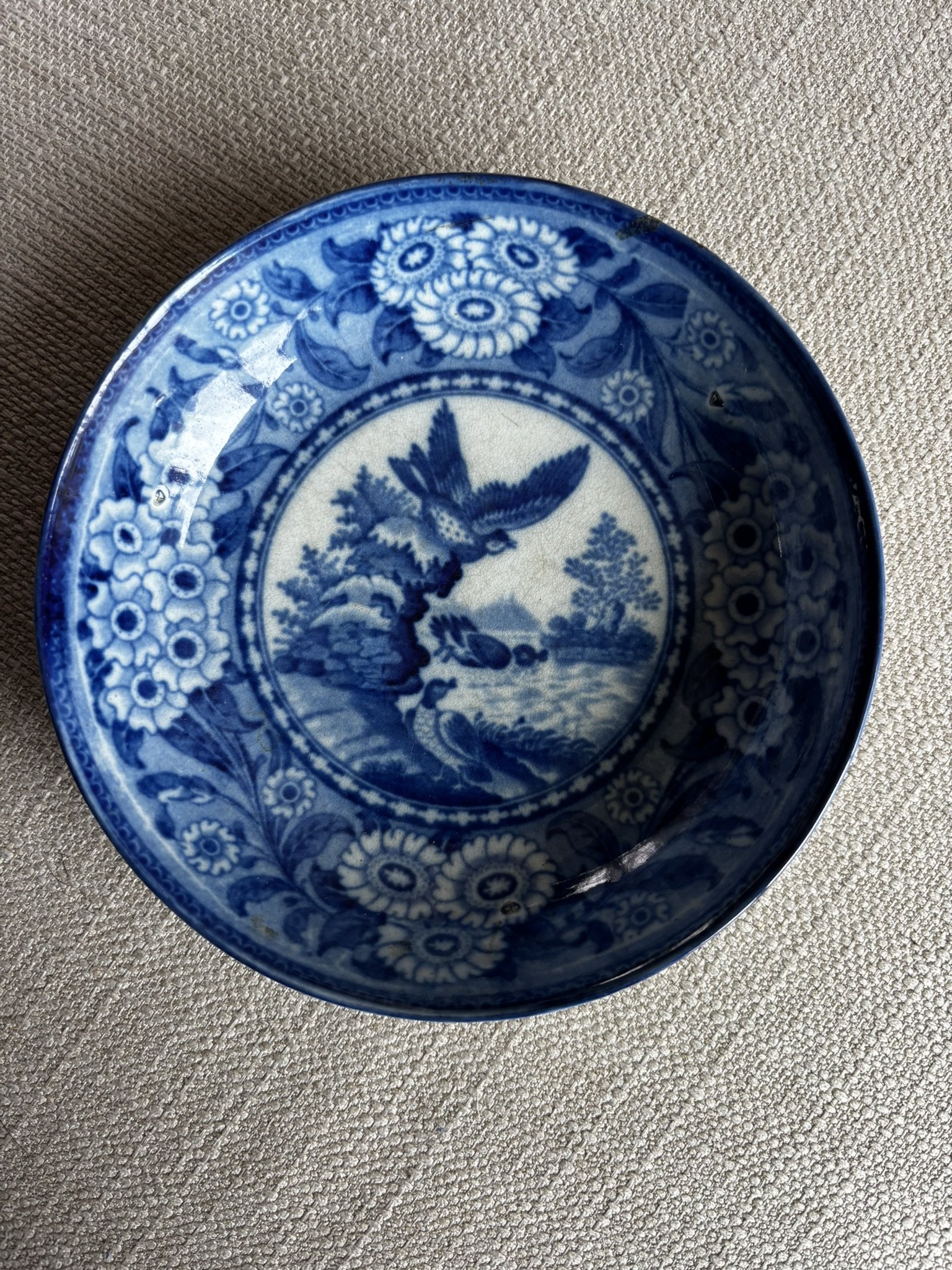Blue and White Pearlware Cup Plate Featuring Birds + Ducks