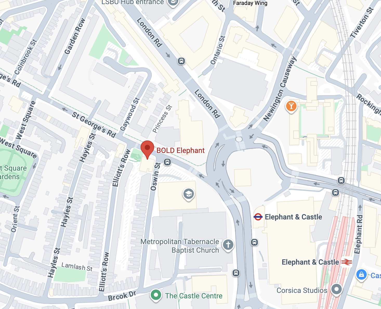 Map of the area around Elephant & Castle in London, showing roads, bus stops, and landmarks including BOLD Elephant, Metropolitan Tabernacle Baptist Church, and The Castle Centre, with a roundabout and multiple train and bus icons.
