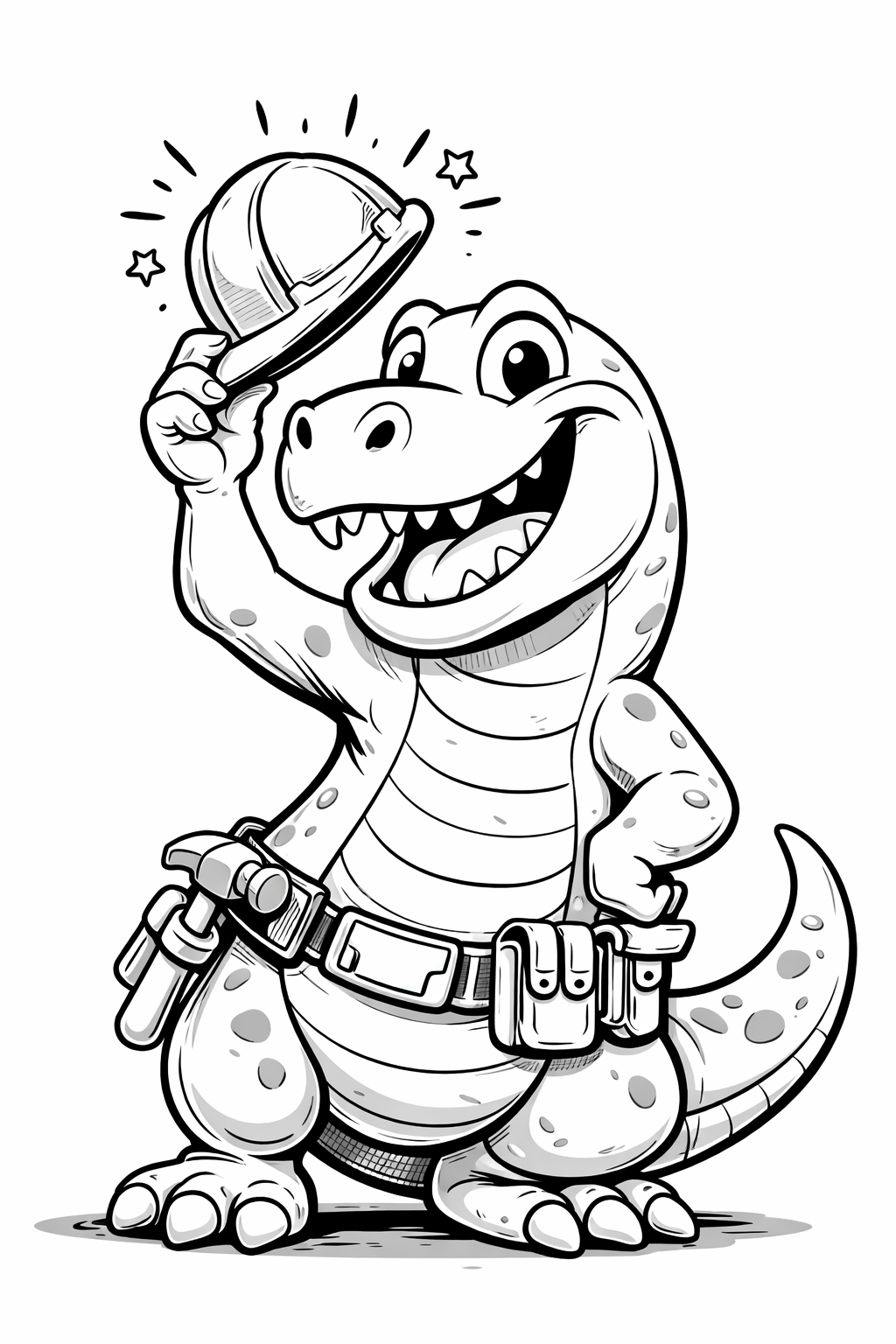 A cartoon dinosaur wearing a utility belt, holding a sheriff's hat, smiling cheerfully.