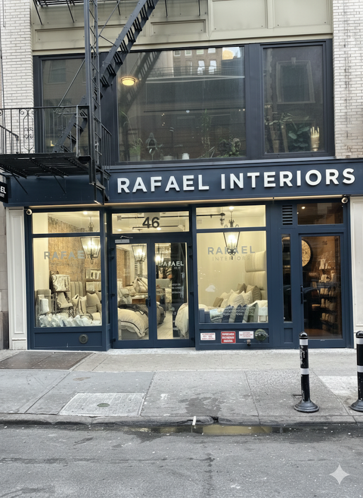 Rafael Interiors storefront at 46 West 21st Street NYC - Custom Drapery and Hand-Sewn Window Treatments.