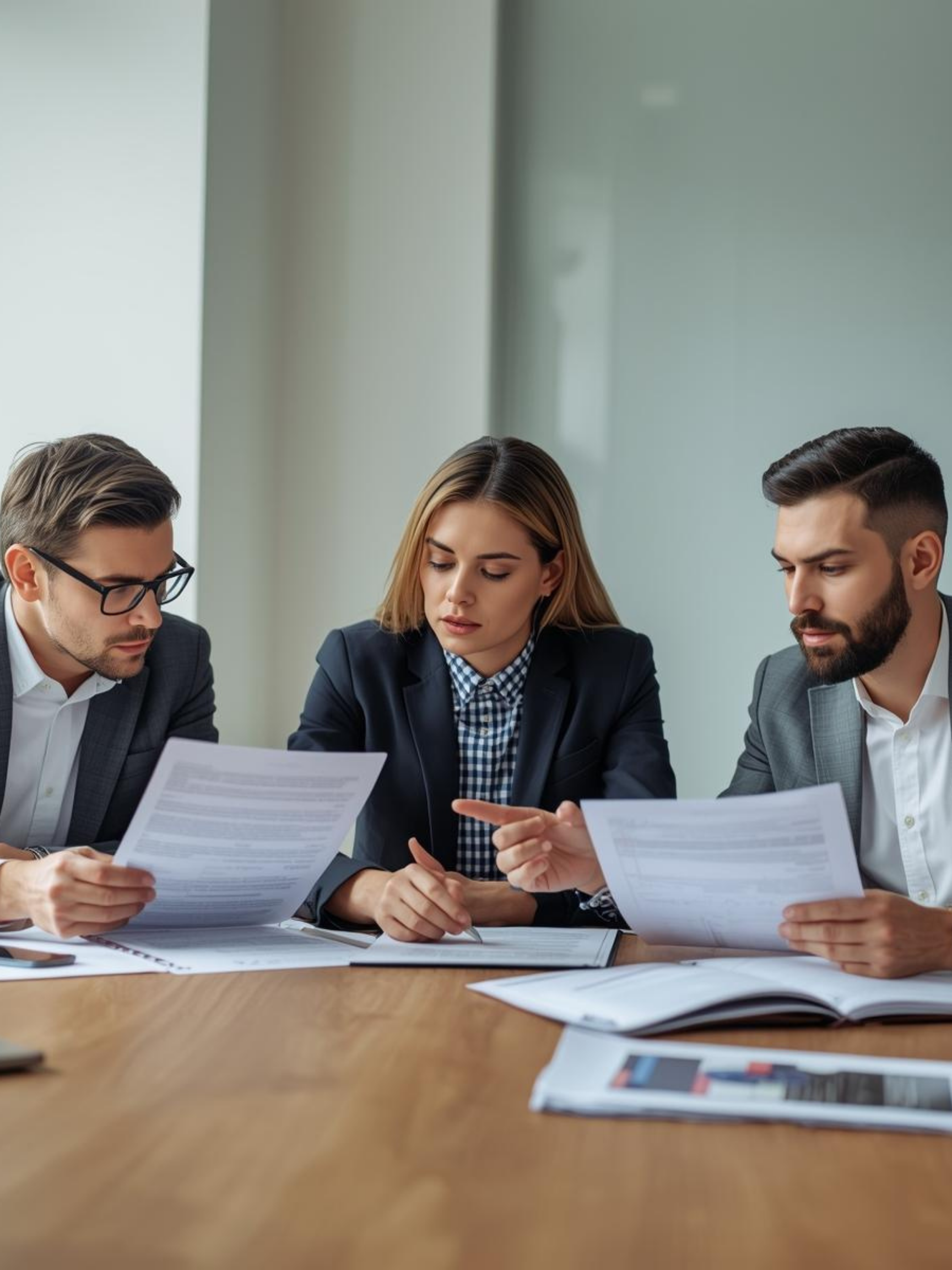 Three business professionals, two men and one woman, sitting at a conference table reviewing documents during a meeting.