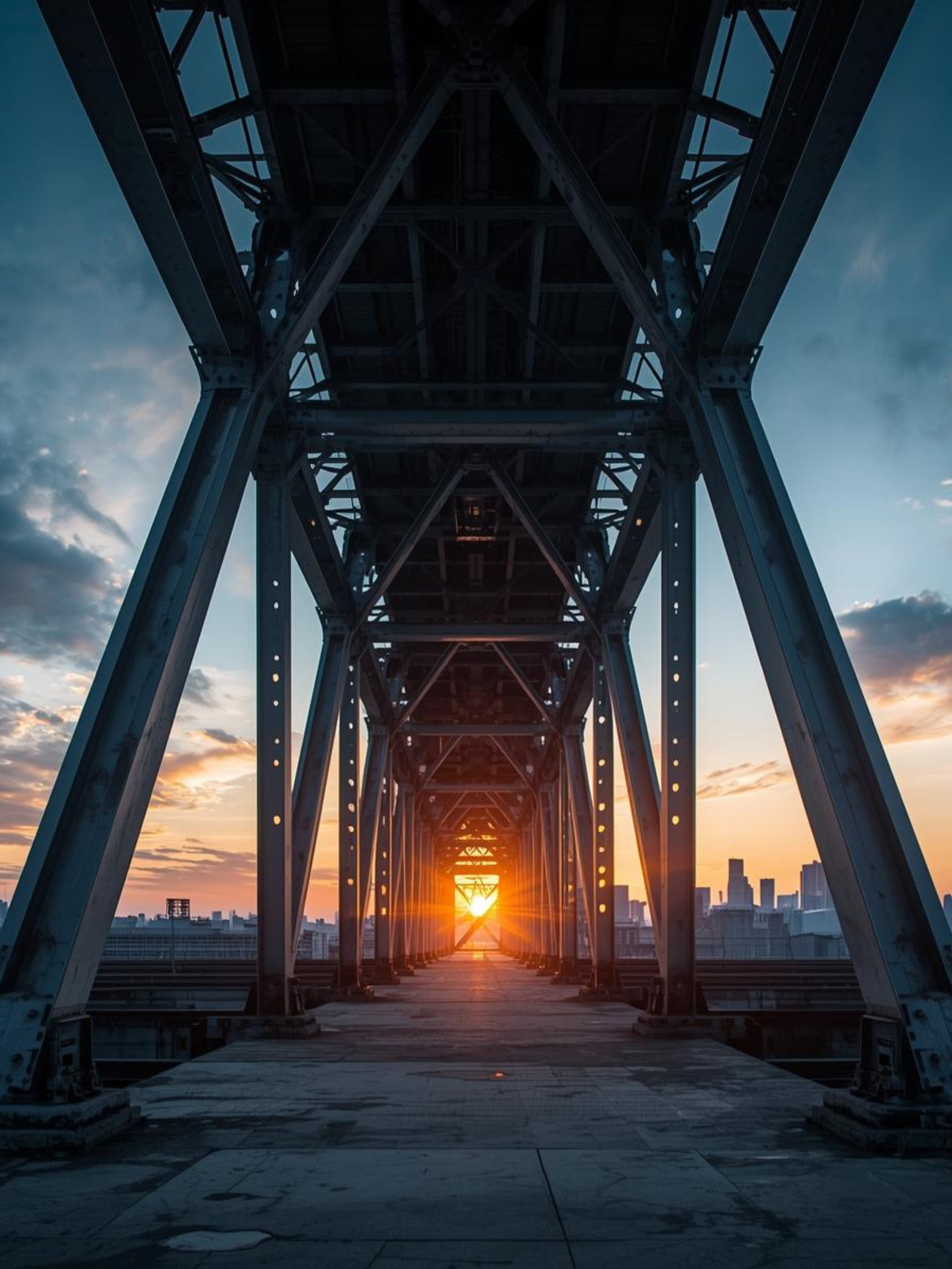 Looking up through the framework of a bridge at sunset with a city skyline in the background.