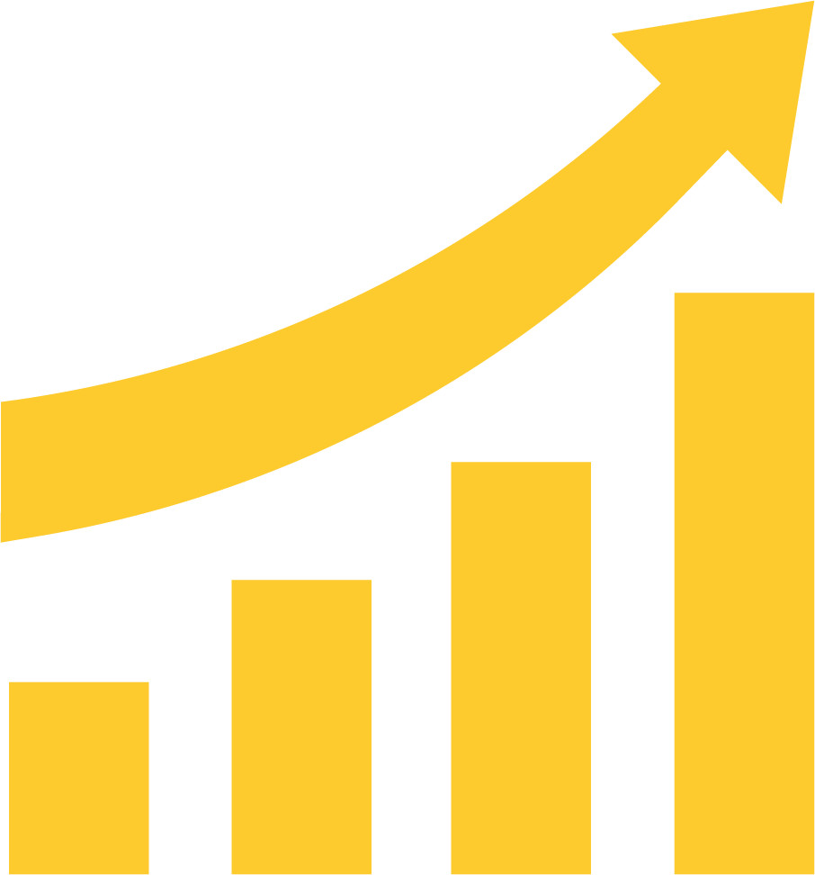 Yellow upward trending bar graph with an arrow indicating growth