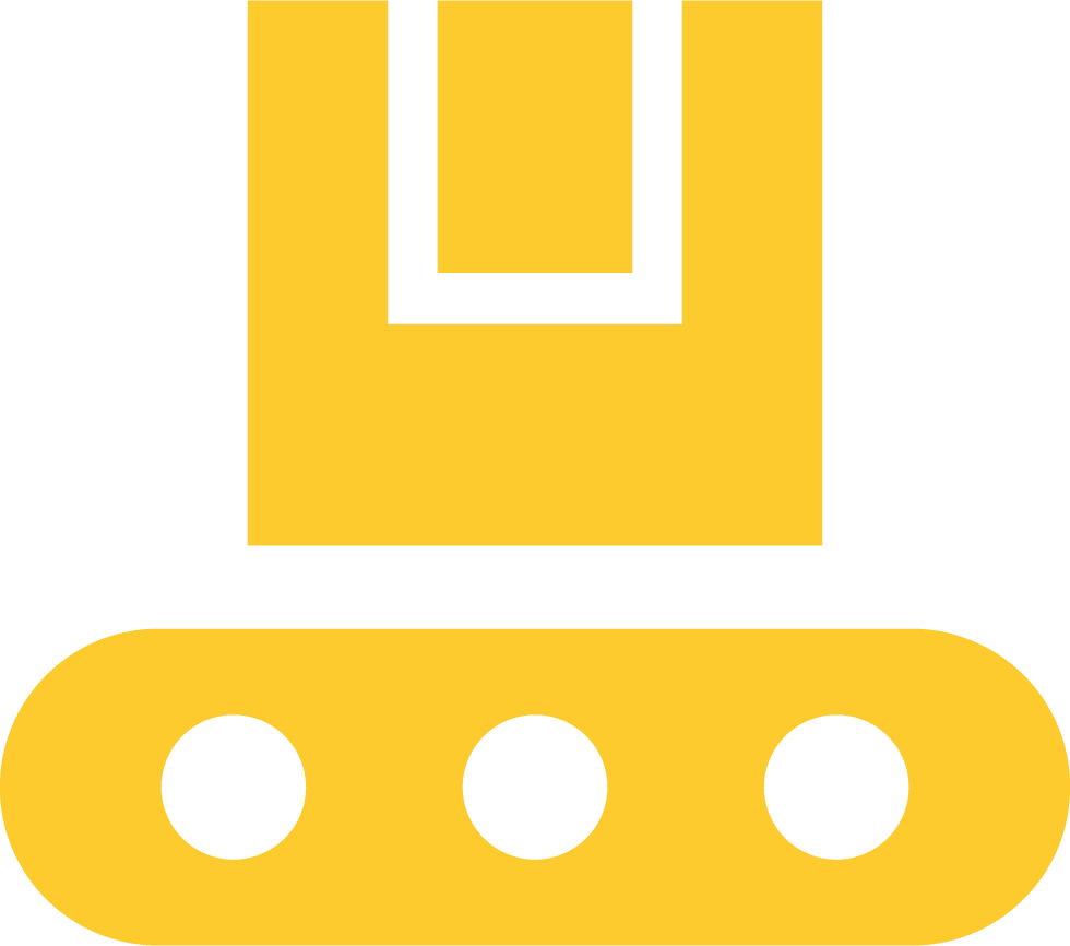 A simplified illustration of a yellow robot with a square head and a conveyor belt with three circular objects.