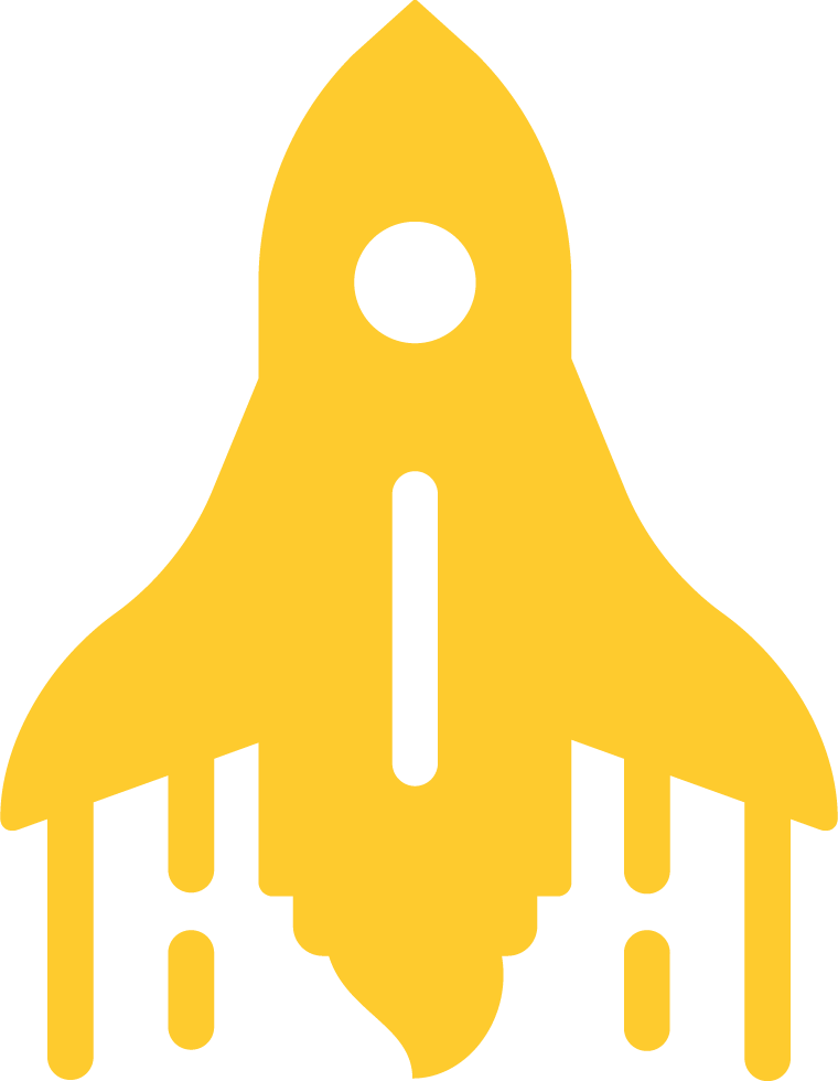 A simplified yellow rocket icon with black accents and dripping paint design.