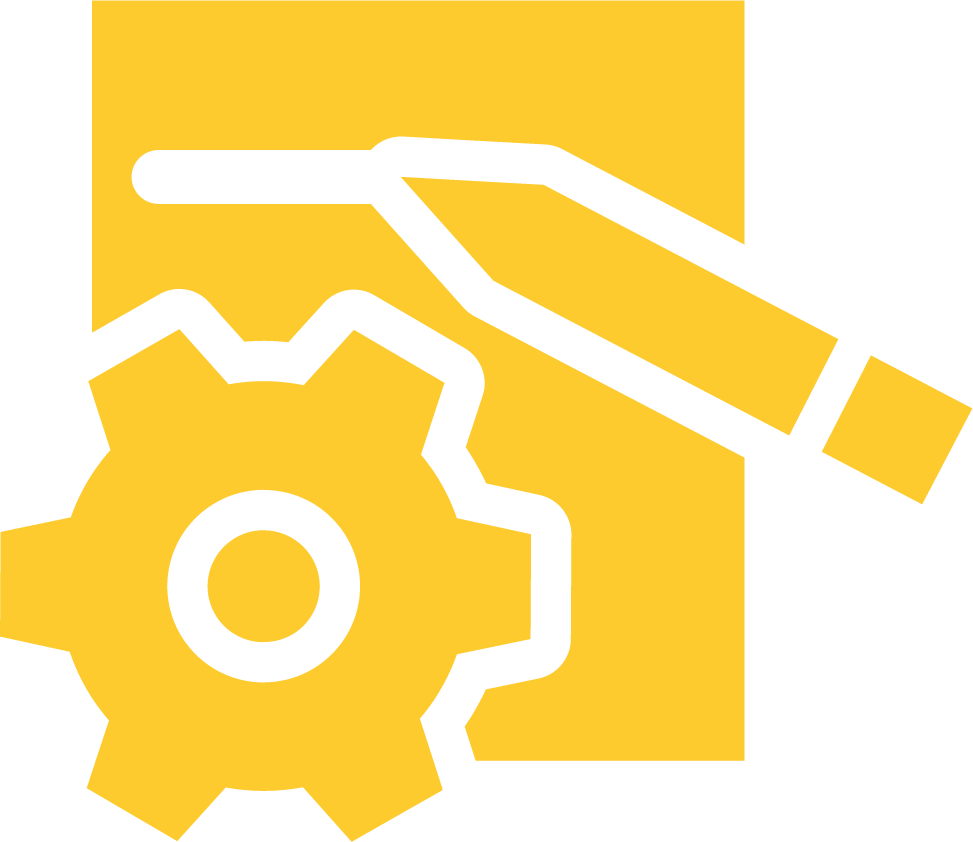 Icon of a hand holding a paint brush, a gear, and a yellow box with a black background.