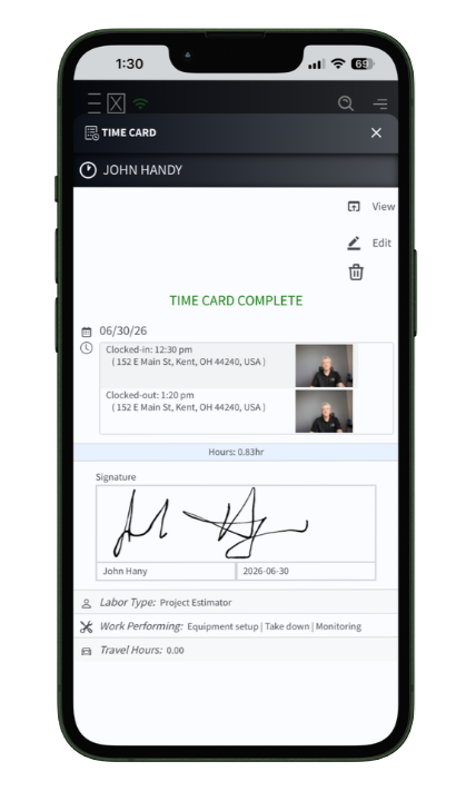 Time Tracking Clock in features photo, time, date, geo-location and digital signature