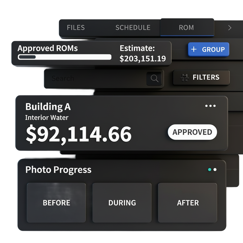 Helixco ROM Builder dashboard showing approved repair estimates, building level project total, filters, grouping tools, and photo progress tracking in a dark enterprise SaaS interface.