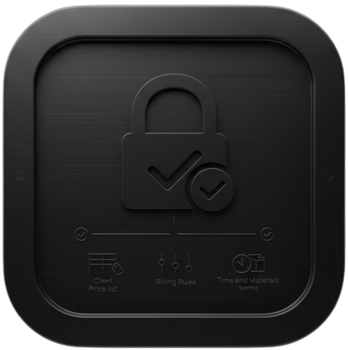 Helixco security and governance icon representing secure Time and Materials billing controls, validated pricing rules, and protected data within the commercial restoration platform.