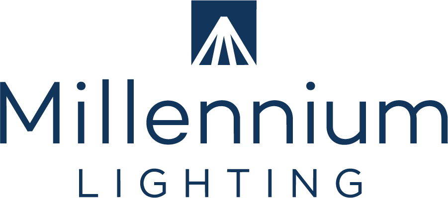 Logo of Millennium Lighting featuring a stylized lamp shade symbol and the company name.