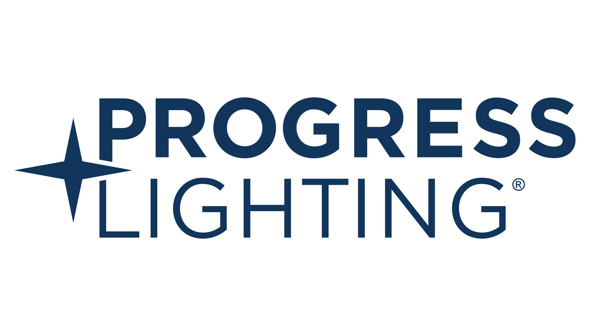 Logo of Progress Lighting featuring a dark blue star to the left of the words 'Progress Lighting' in bold blue letters.