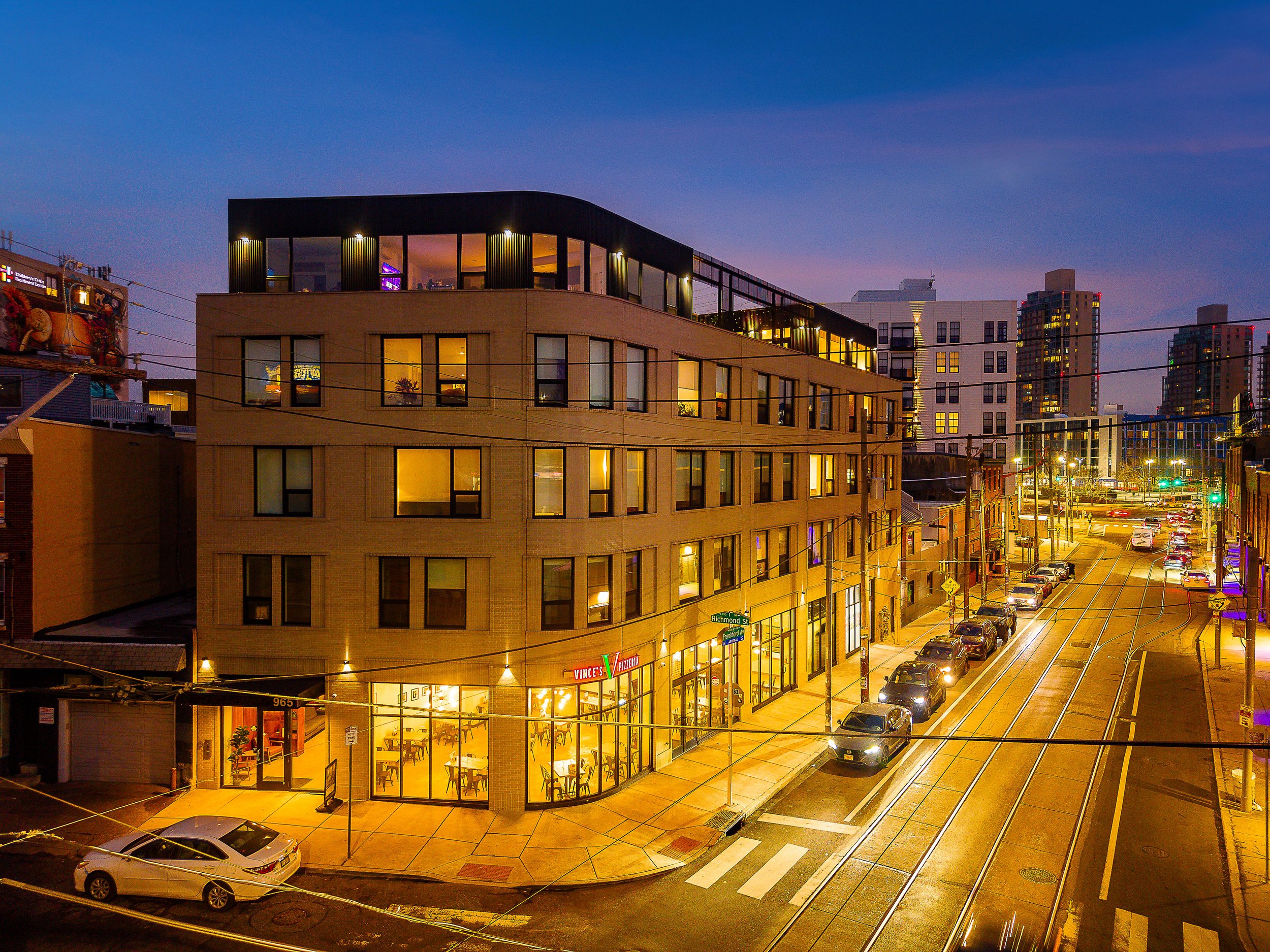 The modern exterior of The Avenue in Fishtown, a luxury apartment building located on Frankford Avenue in the heart of Fishtown. 