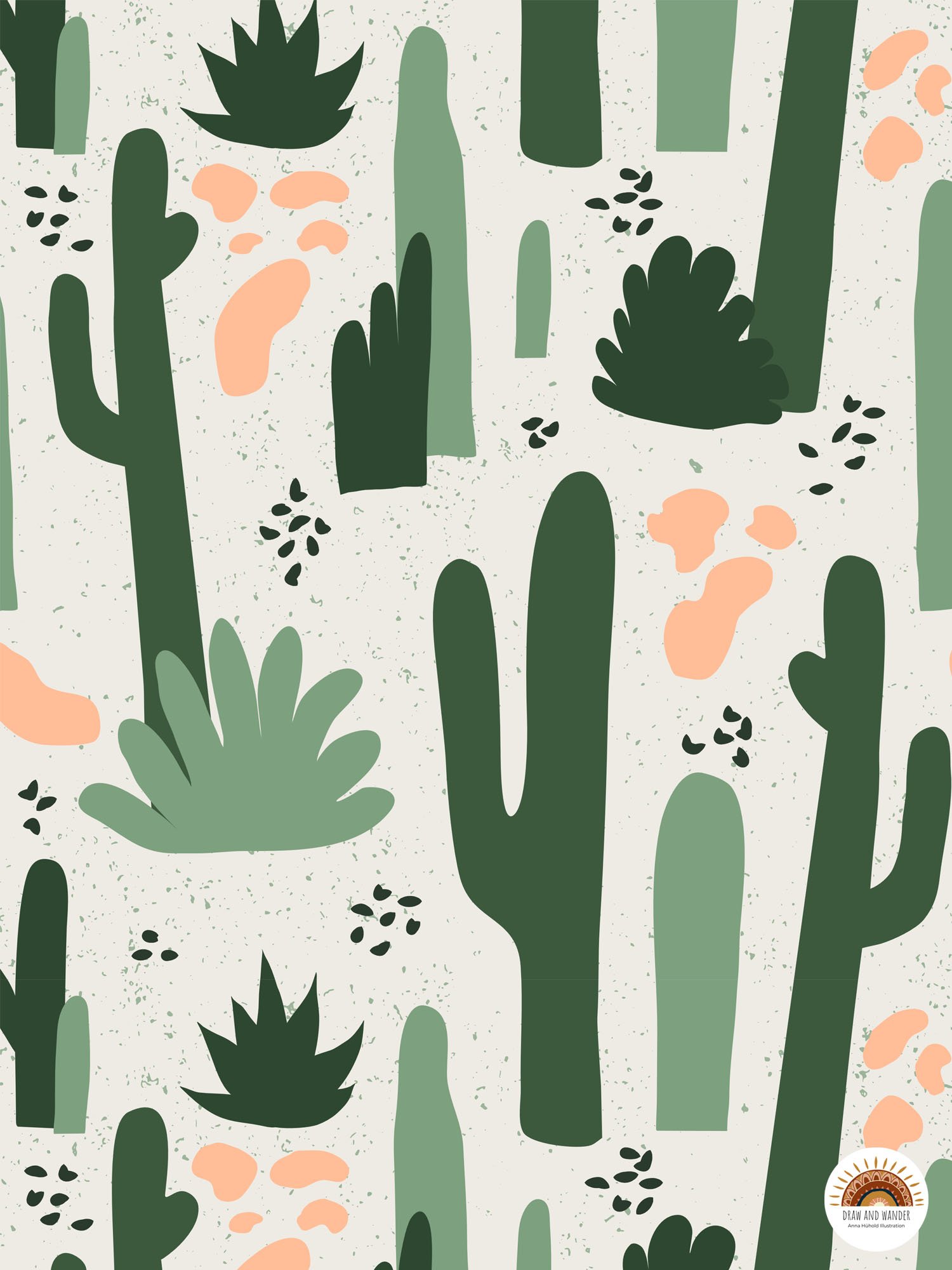 Illustration eines Wüstenlandschafts mit Kakteen in verschiedenen Grüntönen und ein sandfarbener Hintergrund.