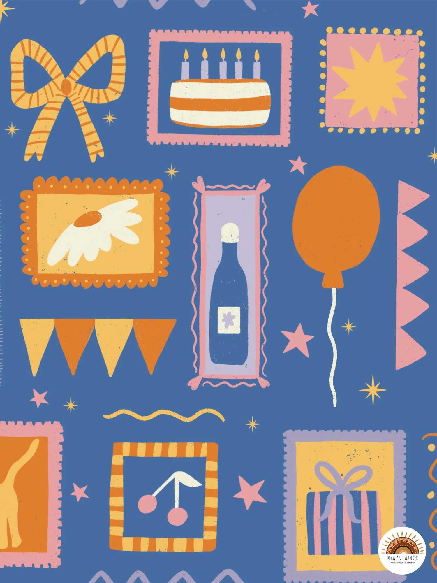 Bunter Illustration mit Geschenken, Geburtstagskuchen, Ballons, Kerzen, Girlanden und Sternen auf blauem Hintergrund.