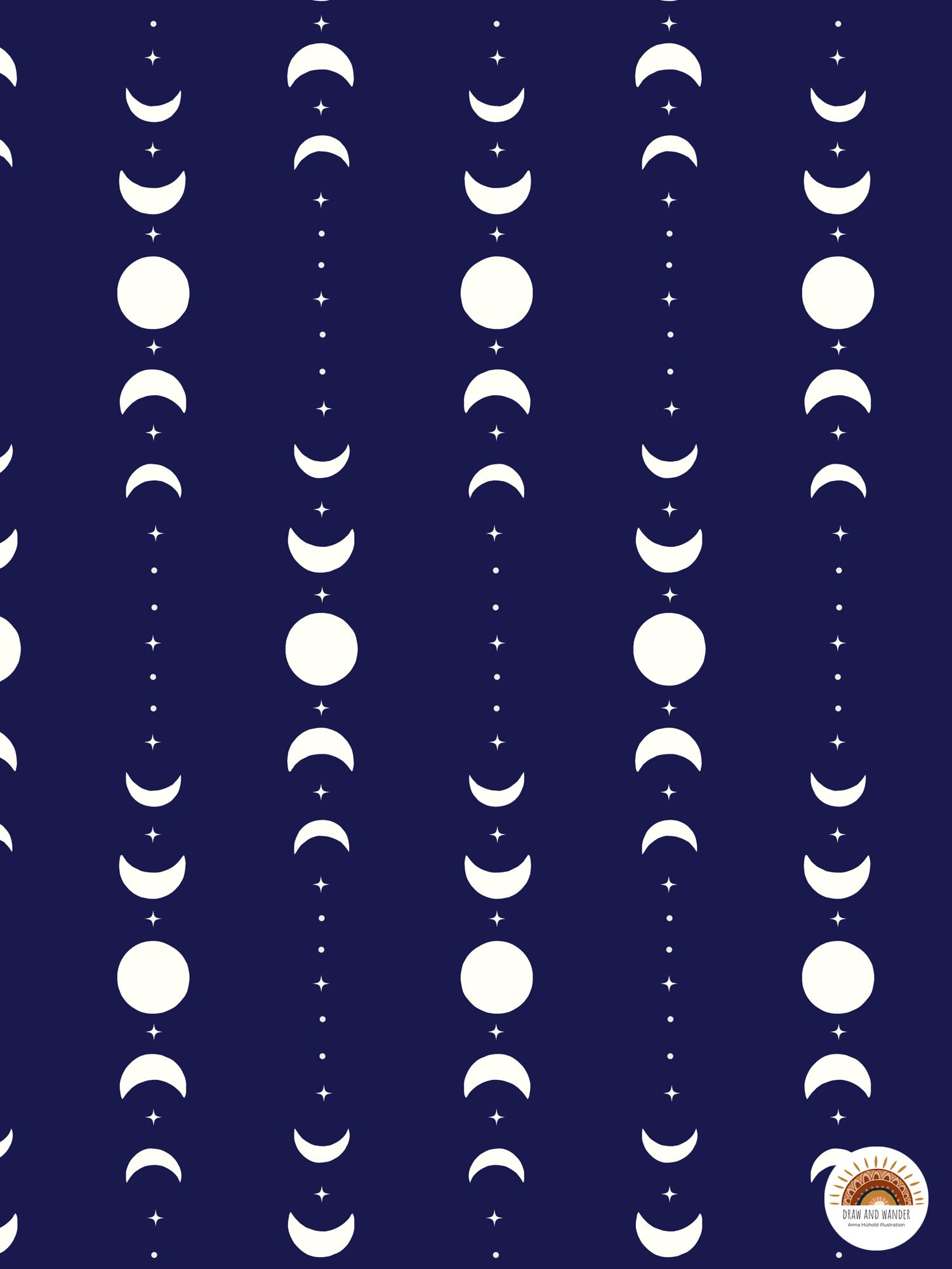 Himmlisches Muster mit weißen Monden, Halbmonden, Sternen und Kreisen auf dunkelblauem Hintergrund, kleine Punkte in den Linien.