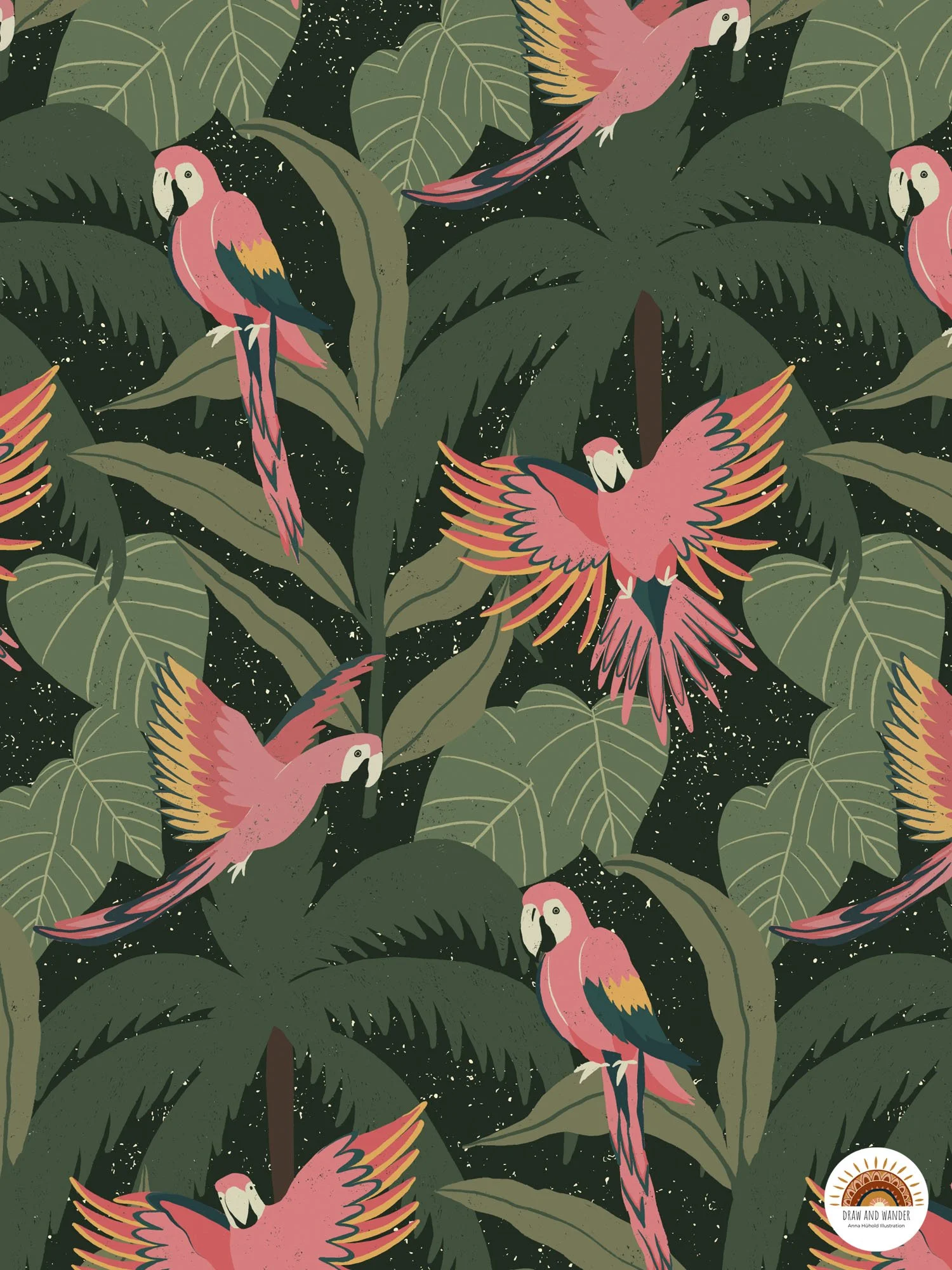 Muster mit rosa Papageien, grünen Blättern und Sternen im Hintergrund.