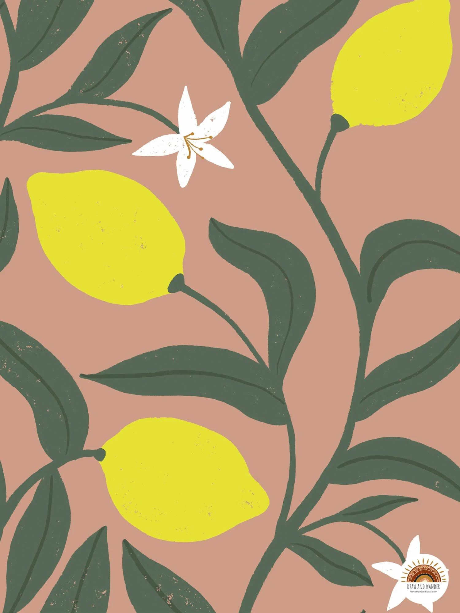 Illustration von Zitronen, Blättern und einer weißen Blume auf braunem Hintergrund.