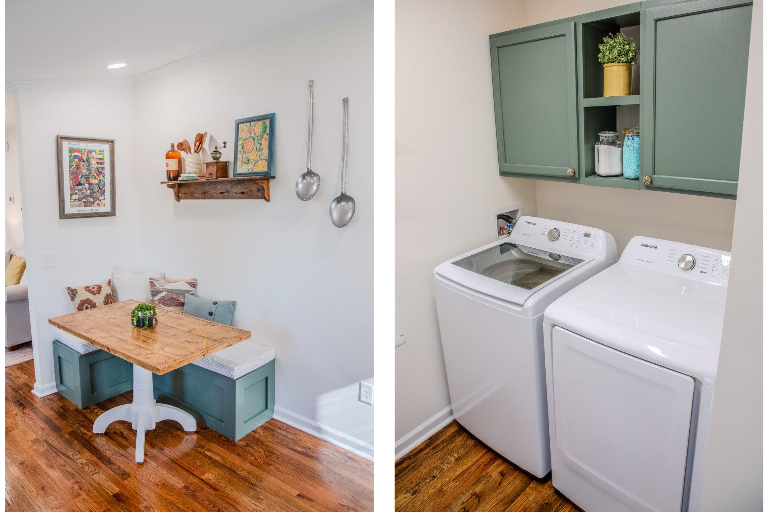 Left side shows a dining nook with a wooden table, cushions on built-in bench, wall shelves, and hanging utensils; right side shows a laundry area with a washing machine, dryer, and green wall cabinets.