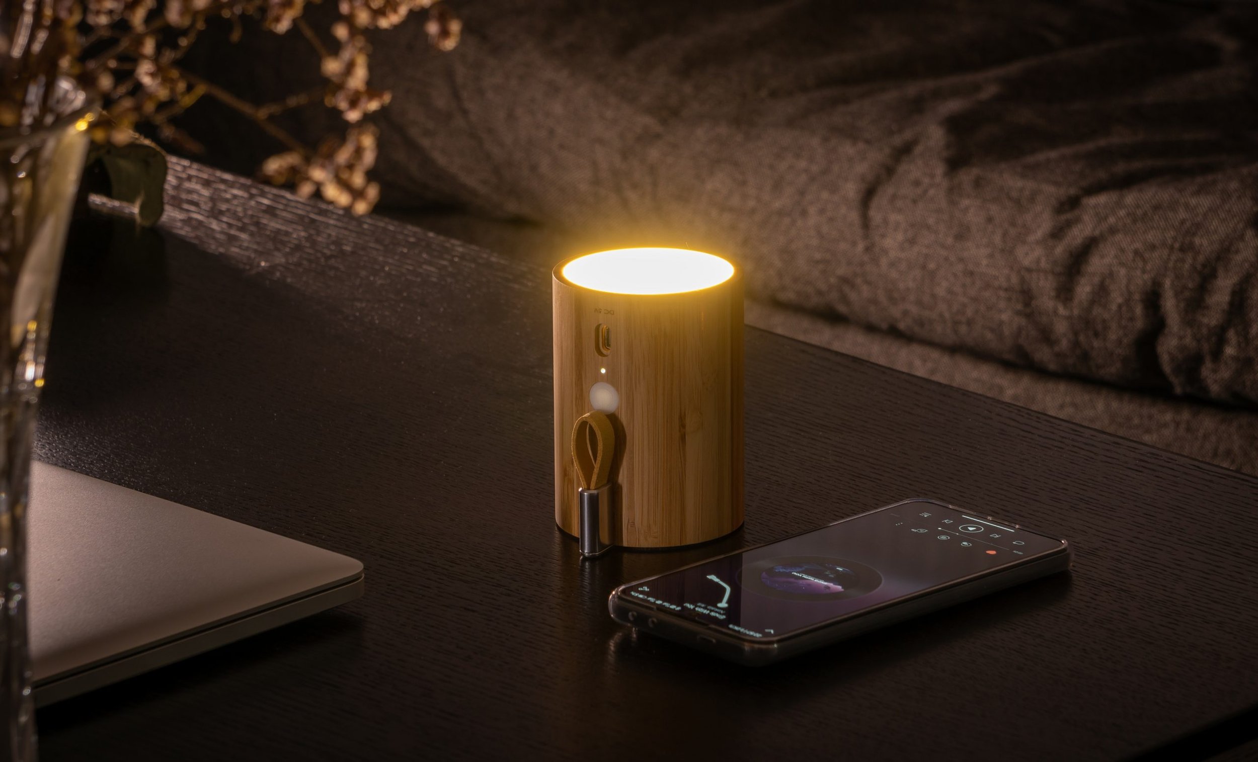 Gingko drum light speaker white ash standing up light on.jpg