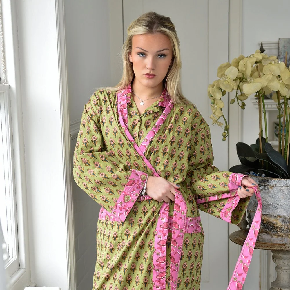 POWELL CRAFT - LIME GREEN & PINK SMALL BLOCK PRINT DRESSING GOWN