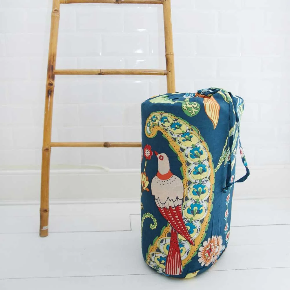 Blue exotic birds quilt in bag.jpg