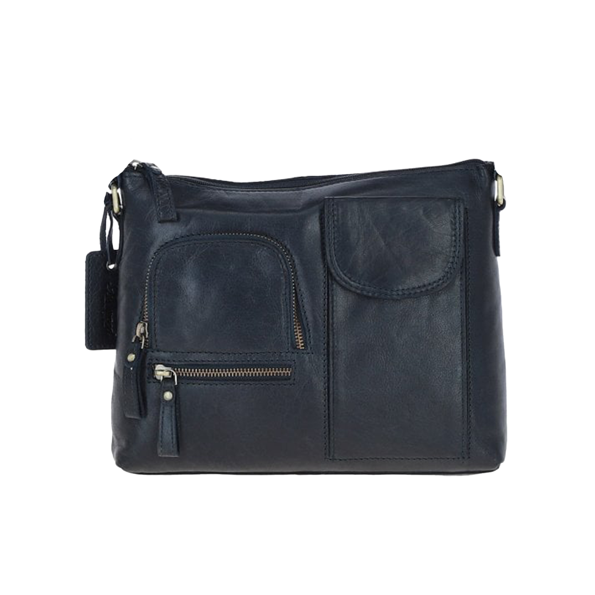 Navy Blue Leather Multi Pocket Cross Body Bag