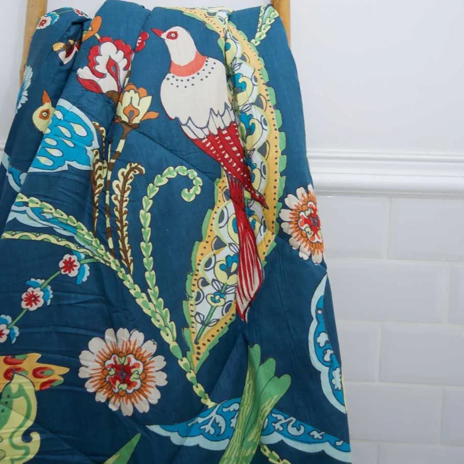 Powell Craft Blue Floral Exotic Bird Print Quilt