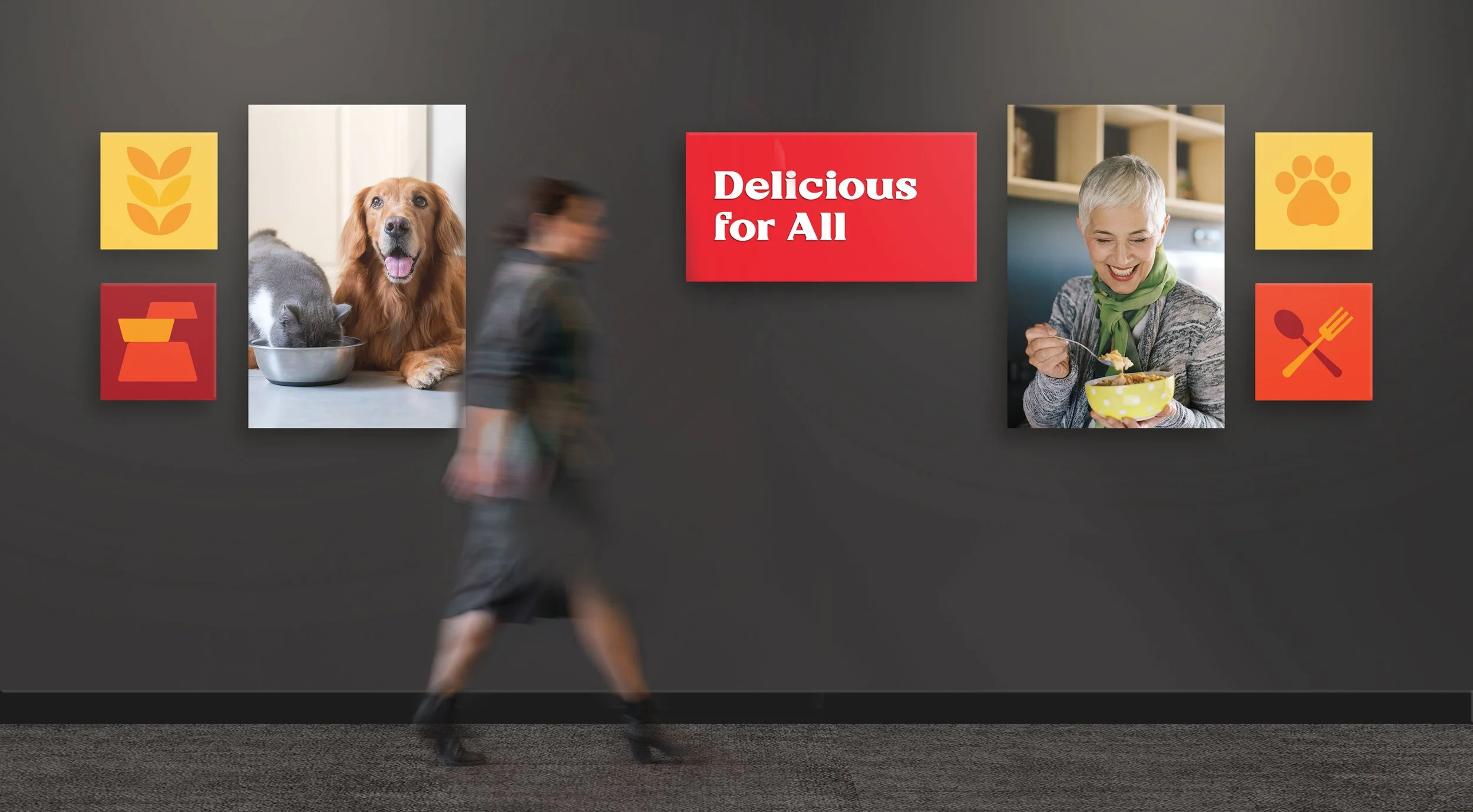 Environmental graphics design concept by Hiarki using curated imagery, iconography, and messaging to create repeatable corridor moments.