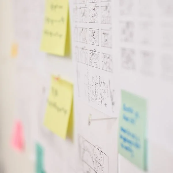 A close-up, shallow-focus shot of a white wall covered in hand-drawn storyboards and colorful sticky notes in yellow, green, and pink.
