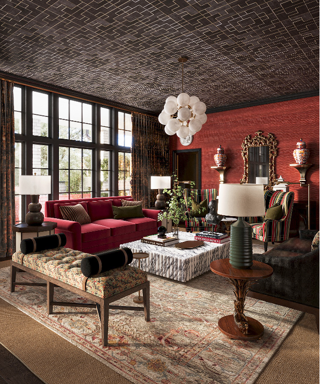 Living room with a red sofa, striped armchairs, a marble coffee table, and various lamps, with large windows and decorative vases on a red wall.