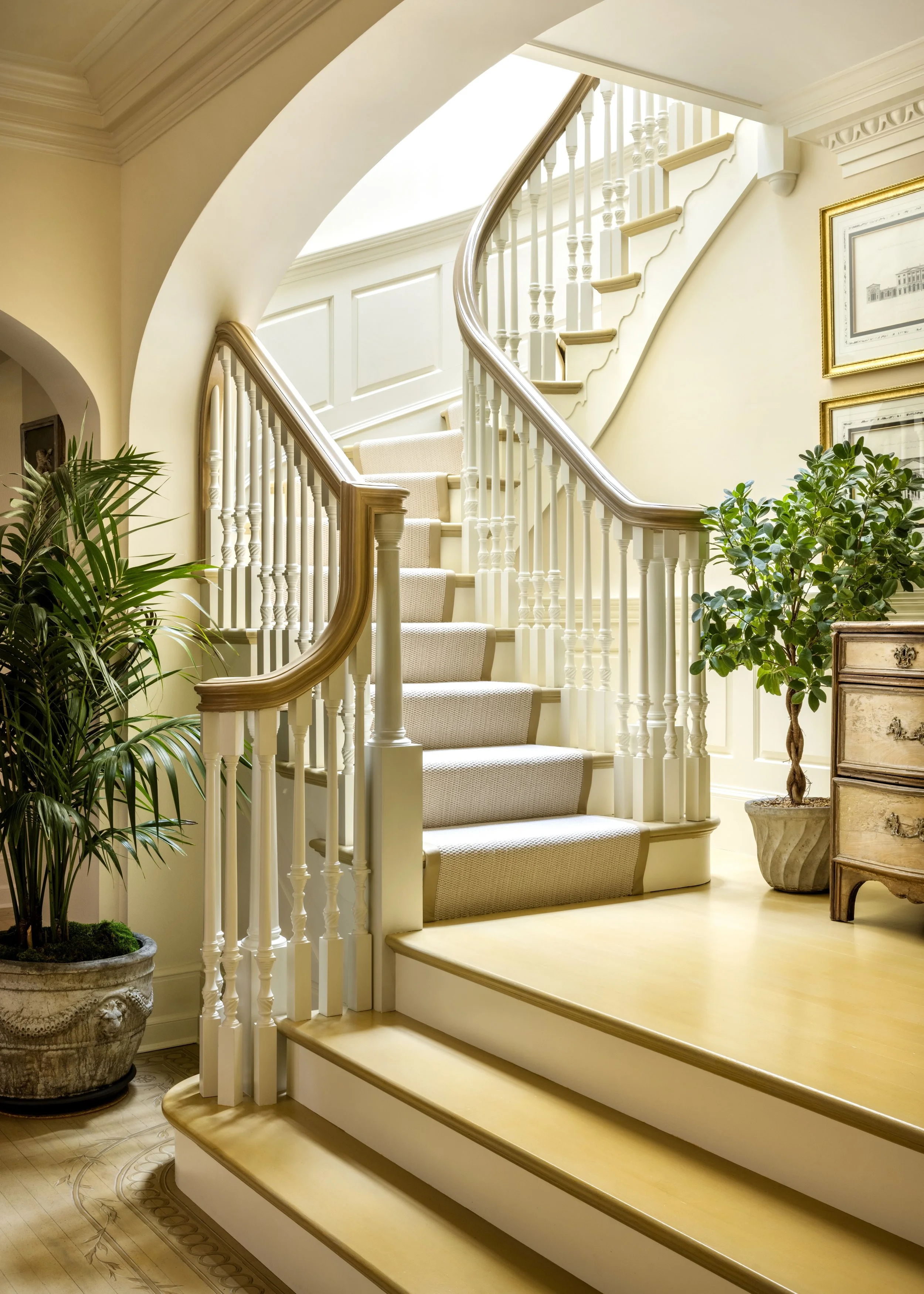 Spiral staircase with beige carpeted steps, white balustrades, and wooden handrail in a bright, elegant interior. Green potted plants and framed artwork on the walls contribute to the sophisticated decor.