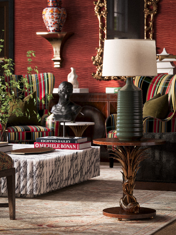 A living room with colorful striped chairs, a marble coffee table, a large table lamp, and decorative art pieces including a bust sculpture, a large ornate mirror, and vases on shelves.