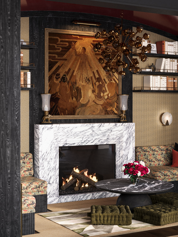 Living room with a modern white marble fireplace, a round black marble coffee table with a flower vase, floral upholstered chairs, a vintage style chandelier, and a large abstract art piece above the fireplace.