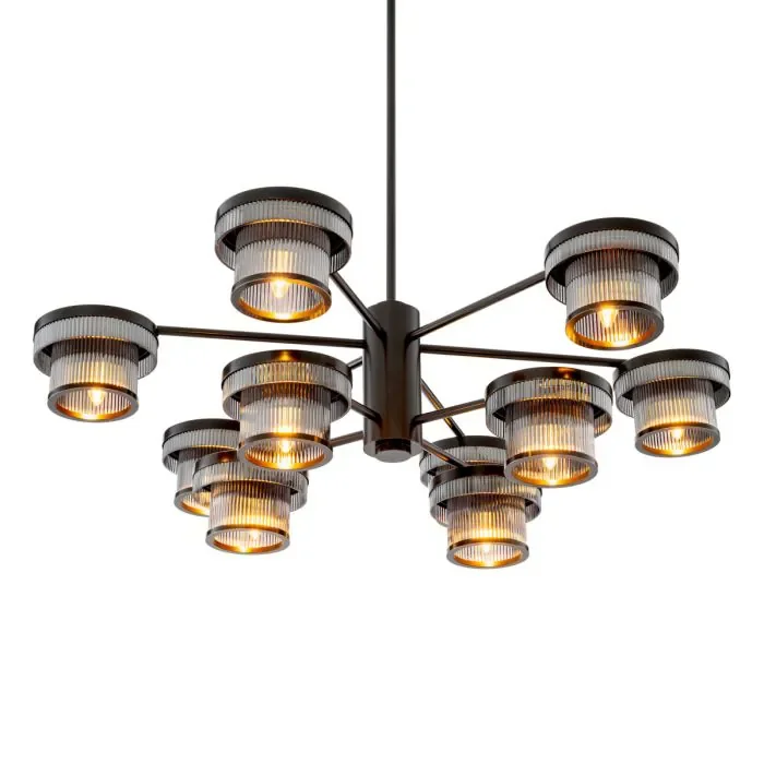 Modern black chandelier with eight glass-cased lights
