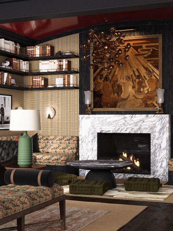 Interior of a stylish living room with a marble fireplace, modern lighting, bookshelves, and vintage furniture.