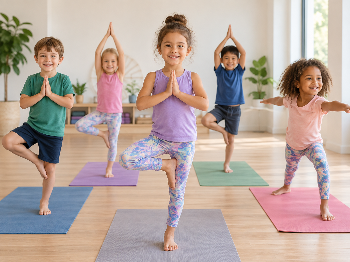 Kids practicing yoga in a studio, balancing on one leg with hands in prayer position, smiling.